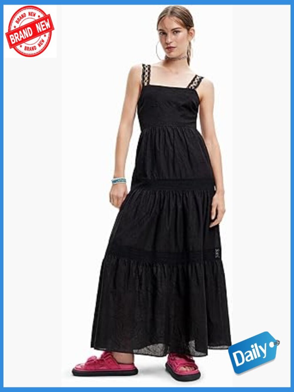 Sleeveless Square Neck A-Line Midi Dress Pull On Button Rayon